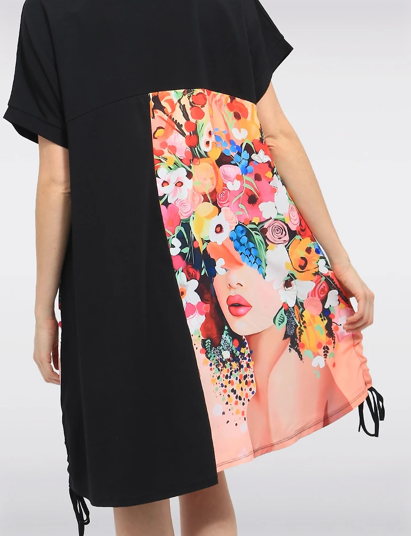 Colourful Floral & Black Round Neck T-shirt Dress With Patch Pocket By Froccella