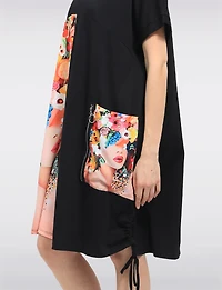 Colourful Floral & Black Round Neck T-shirt Dress With Patch Pocket By Froccella