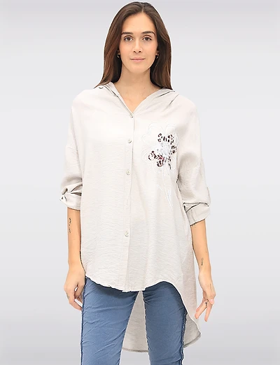 Button-Down Floral Cheetah Print & Rhinestone Detail Hooded Shirt by Froccella