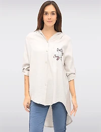 Button-Down Floral Cheetah Print & Rhinestone Detail Hooded Shirt by Froccella
