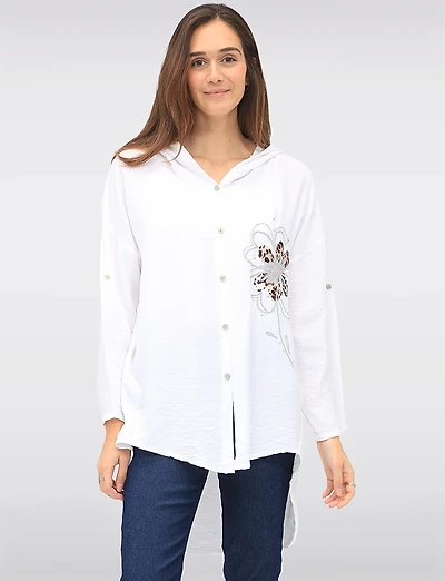 Button-Down Floral Cheetah Print & Rhinestone Detail Hooded Shirt by Froccella
