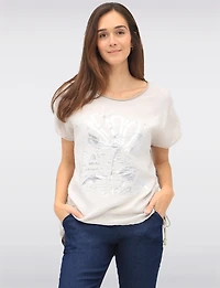 Linen Blend Cap Sleeve Foil Flower Top With Drawstring on the Side by Froccella
