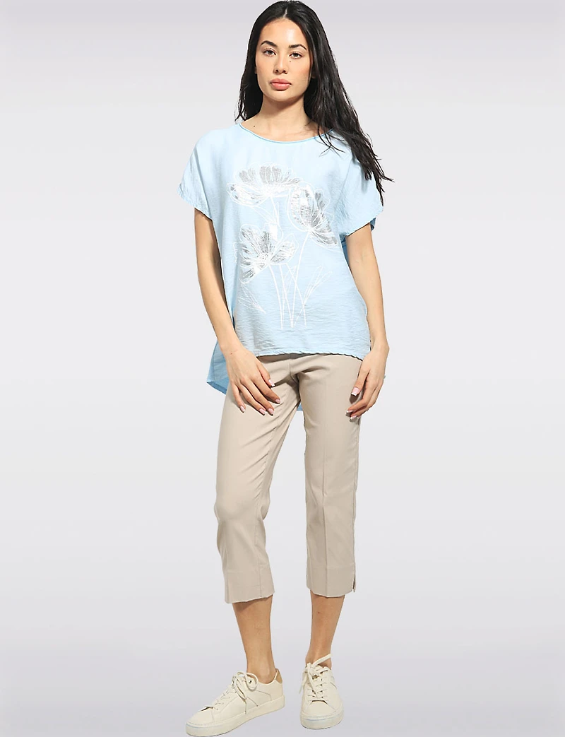 Linen Blend Cap Sleeve Foil Flower Top With Drawstring on the Side by Froccella