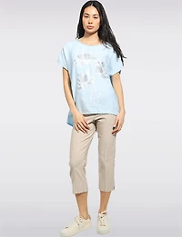 Linen Blend Cap Sleeve Foil Flower Top With Drawstring on the Side by Froccella