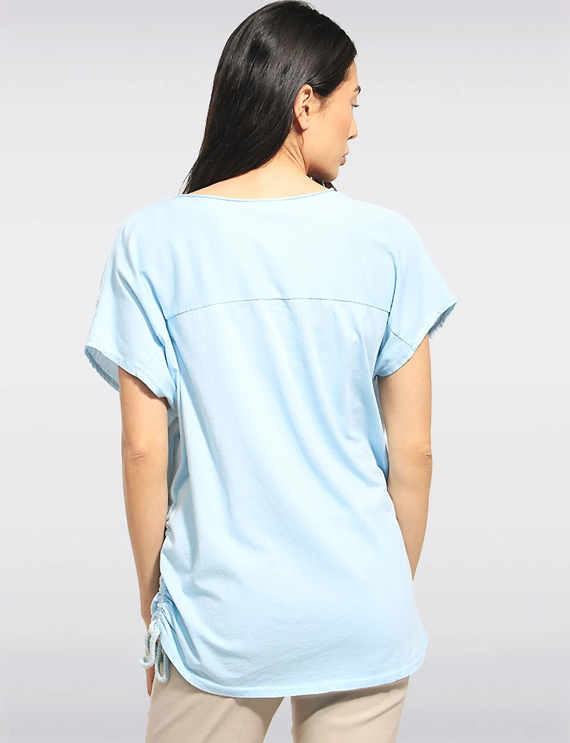 Linen Blend Cap Sleeve Foil Flower Top With Drawstring on the Side by Froccella