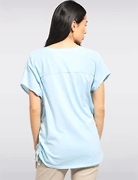 Linen Blend Cap Sleeve Foil Flower Top With Drawstring on the Side by Froccella