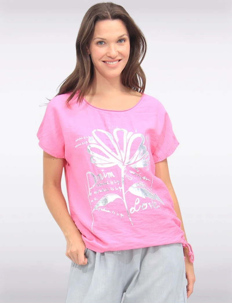 Linen Blend Cap Sleeve Foil Flower Top With Drawstring on the Side by Froccella