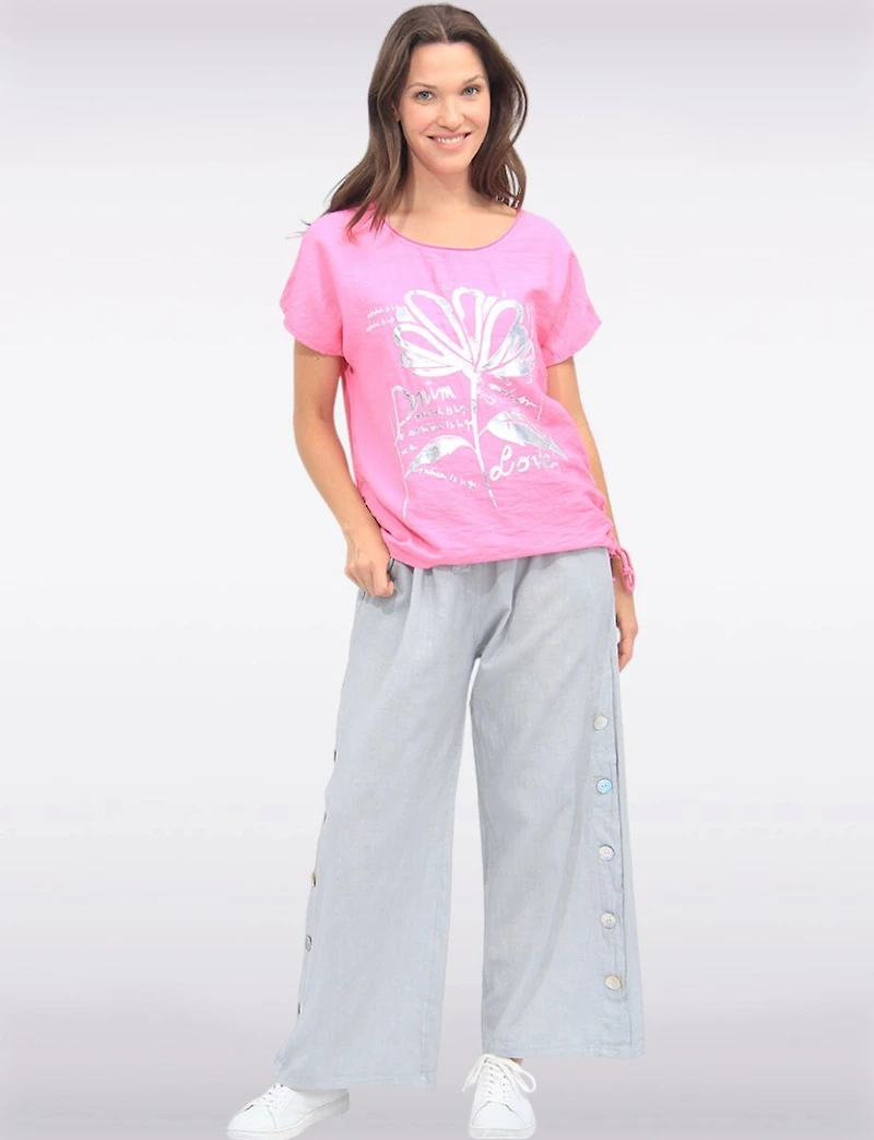 Linen Blend Cap Sleeve Foil Flower Top With Drawstring on the Side by Froccella