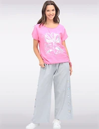 Linen Blend Cap Sleeve Foil Flower Top With Drawstring on the Side by Froccella
