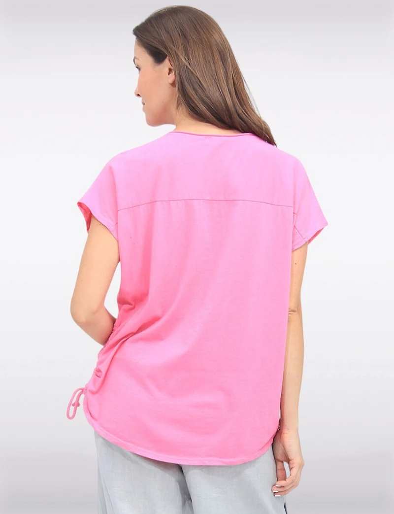 Linen Blend Cap Sleeve Foil Flower Top With Drawstring on the Side by Froccella