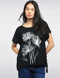 Linen Blend Cap Sleeve Foil Flower Top With Drawstring on the Side by Froccella
