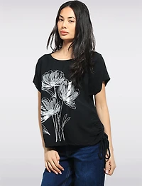 Linen Blend Cap Sleeve Foil Flower Top With Drawstring on the Side by Froccella