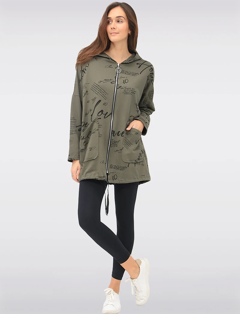Cotton Blend Zip Graphic Print Hoodie with Drawstring Hood & Hem by Froccella