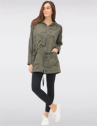 Cotton Blend Zip Graphic Print Hoodie with Drawstring Hood & Hem by Froccella
