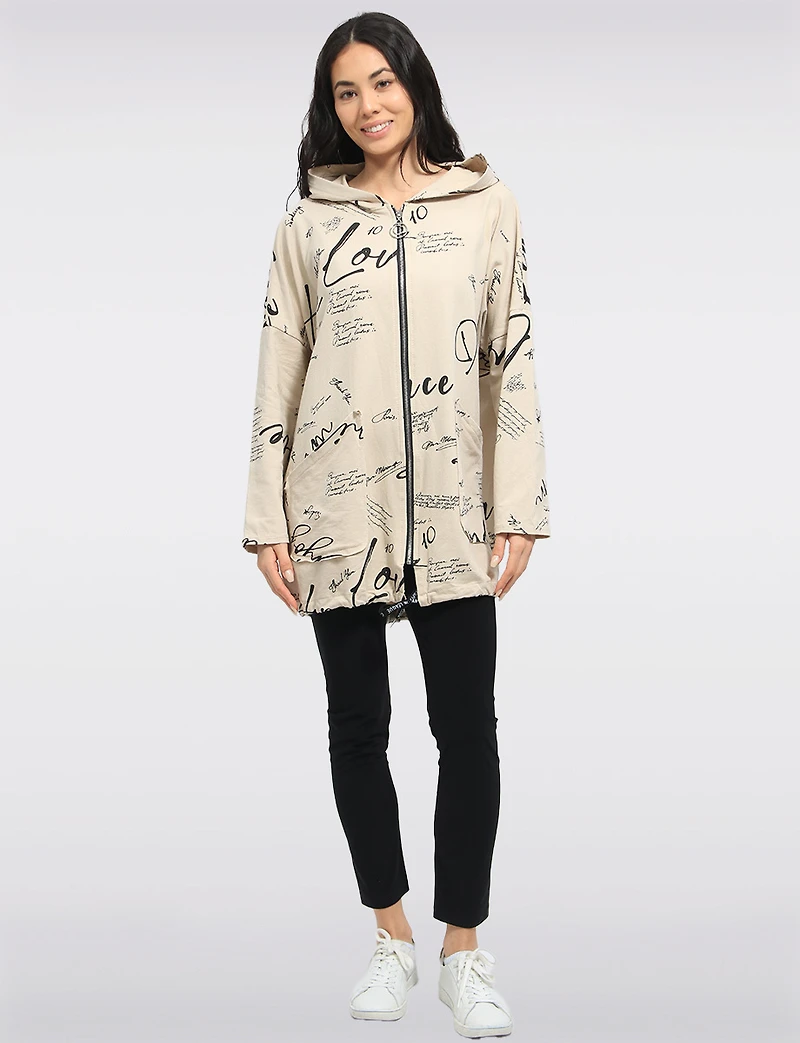 Cotton Blend Zip Graphic Print Hoodie with Drawstring Hood & Hem by Froccella