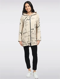 Cotton Blend Zip Graphic Print Hoodie with Drawstring Hood & Hem by Froccella