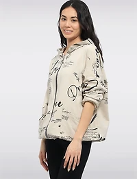 Cotton Blend Zip Graphic Print Hoodie with Drawstring Hood & Hem by Froccella