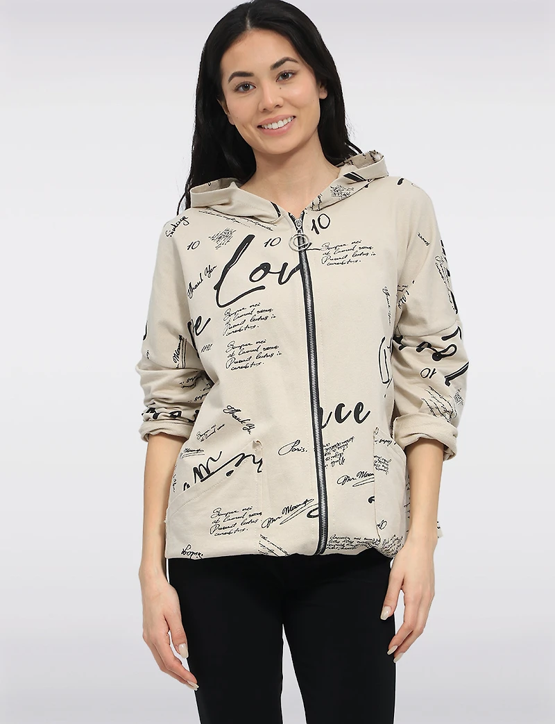 Cotton Blend Zip Graphic Print Hoodie with Drawstring Hood & Hem by Froccella