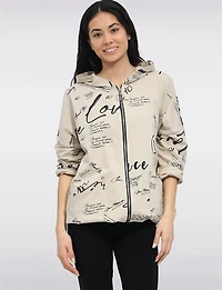 Cotton Blend Zip Graphic Print Hoodie with Drawstring Hood & Hem by Froccella