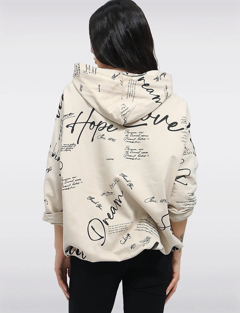Cotton Blend Zip Graphic Print Hoodie with Drawstring Hood & Hem by Froccella