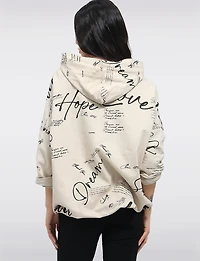 Cotton Blend Zip Graphic Print Hoodie with Drawstring Hood & Hem by Froccella
