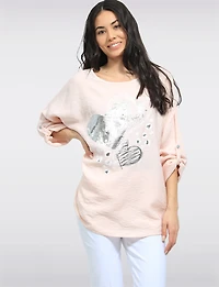 Flowy Top with Silver Foil Heart Design & Adjustable 3/4 Sleeves by Froccella