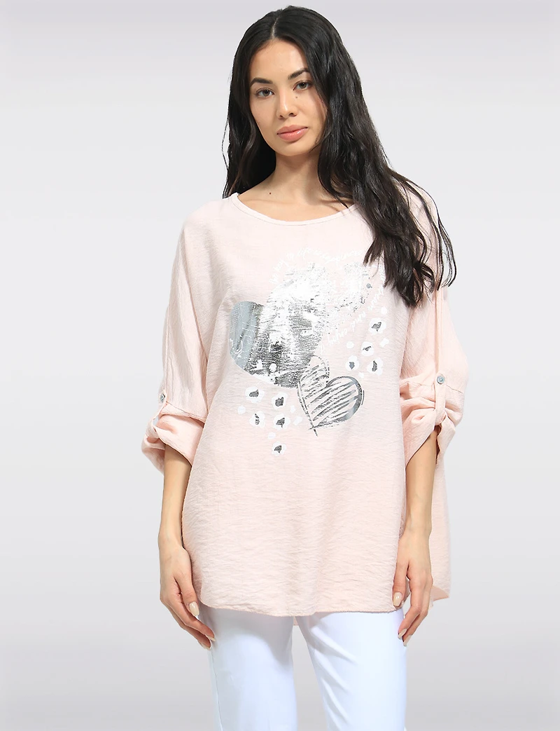 Flowy Top with Silver Foil Heart Design & Adjustable 3/4 Sleeves by Froccella