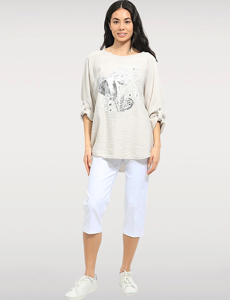 Flowy Top with Silver Foil Heart Design & Adjustable 3/4 Sleeves by Froccella