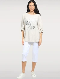 Flowy Top with Silver Foil Heart Design & Adjustable 3/4 Sleeves by Froccella