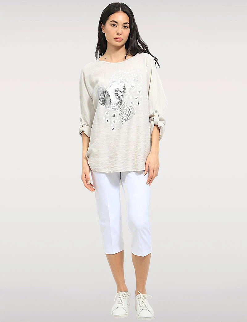 Flowy Top with Silver Foil Heart Design & Adjustable 3/4 Sleeves by Froccella