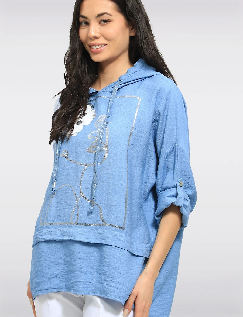 Chic High-Low Drawstring Hoodie with Metallic Foil Face Design by Froccella