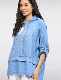 Chic High-Low Drawstring Hoodie with Metallic Foil Face Design by Froccella