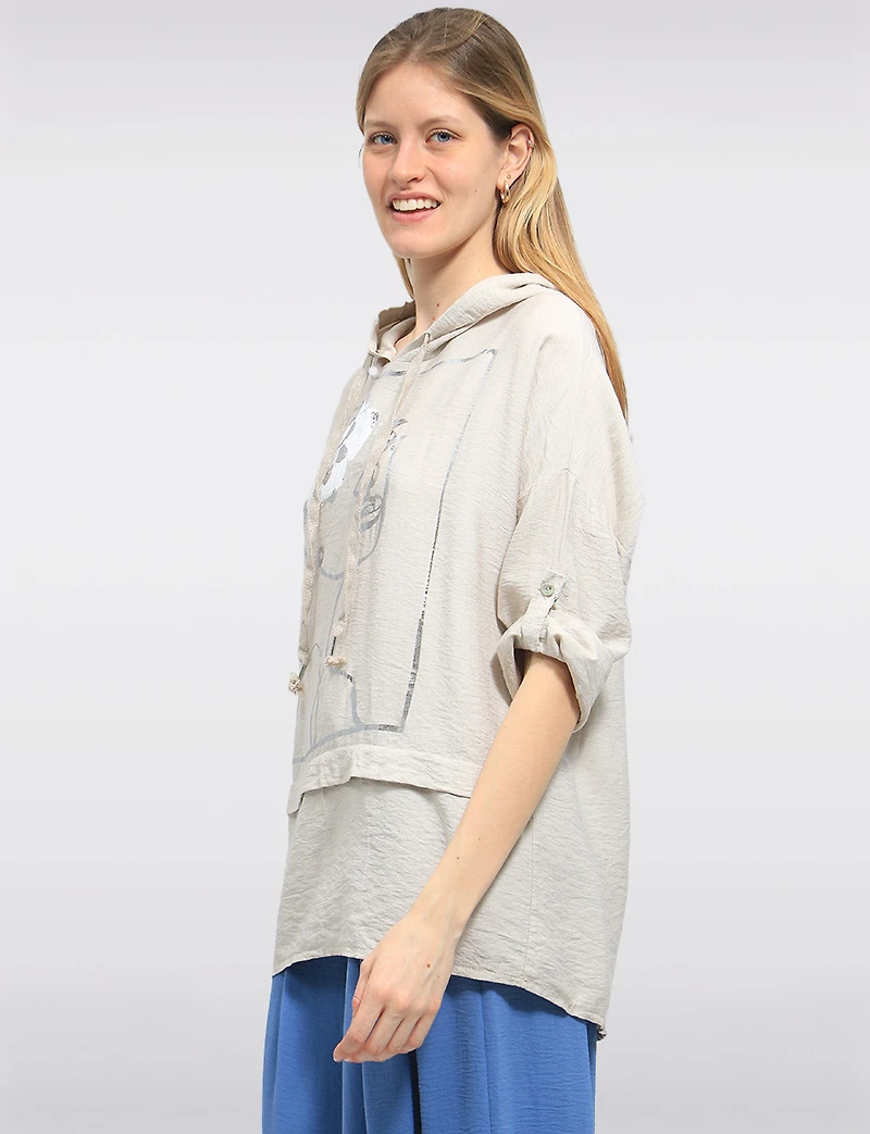 Chic High-Low Drawstring Hoodie with Metallic Foil Face Design by Froccella