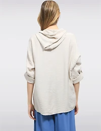 Chic High-Low Drawstring Hoodie with Metallic Foil Face Design by Froccella