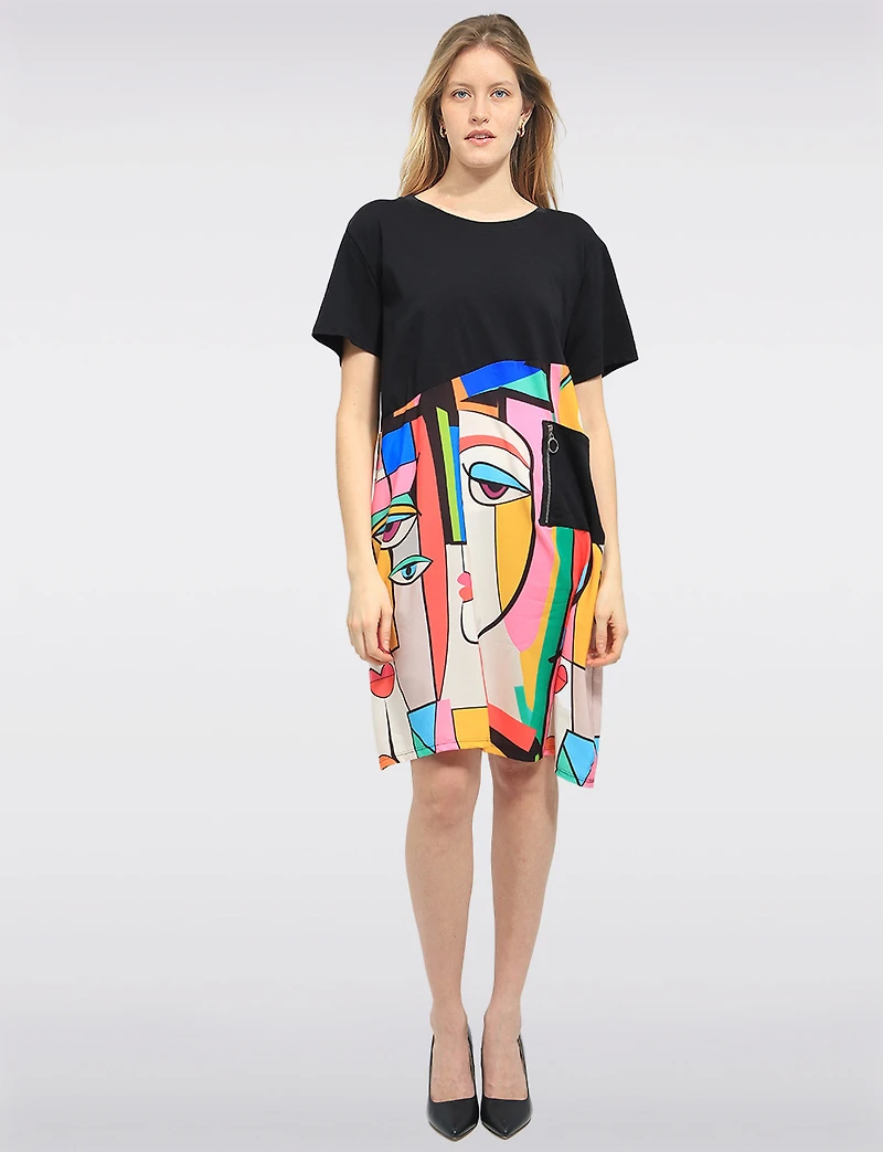 Colourful Cotton Abstract Face Print Black Round Neck T-Shirt Dress by Froccella