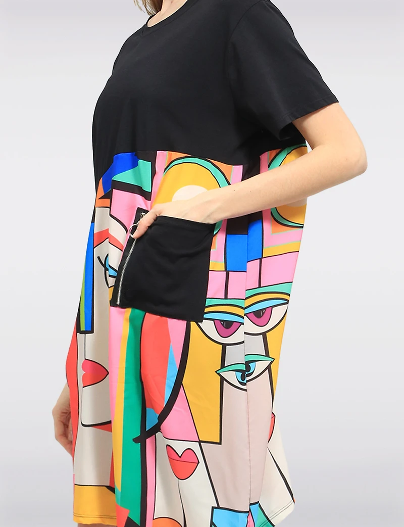 Colourful Cotton Abstract Face Print Black Round Neck T-Shirt Dress by Froccella