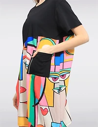 Colourful Cotton Abstract Face Print Black Round Neck T-Shirt Dress by Froccella