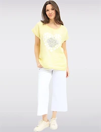 Linen-Cotton Cap Sleeve Loose Top with Heart & Foil Flower Print by Froccella