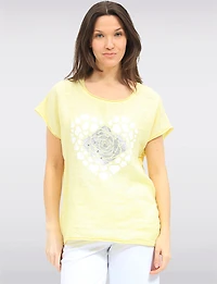 Linen-Cotton Cap Sleeve Loose Top with Heart & Foil Flower Print by Froccella