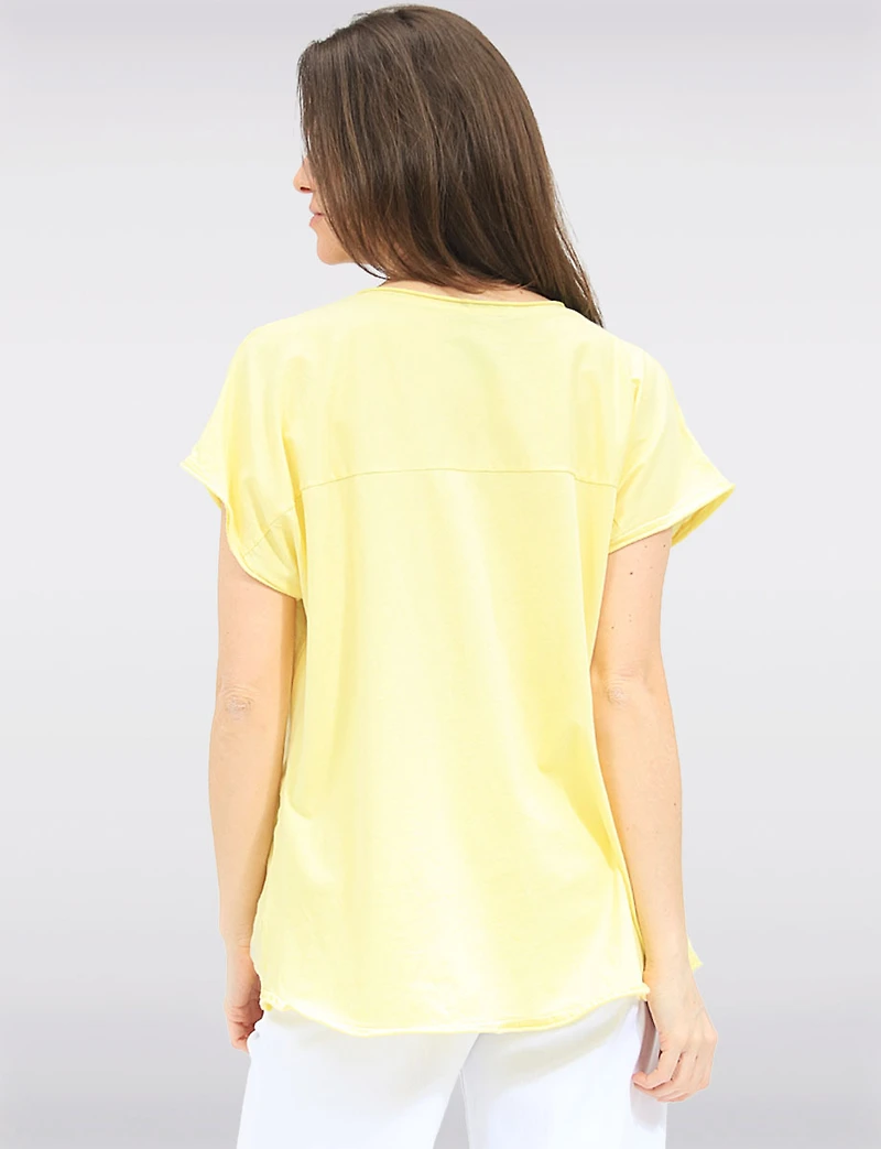 Linen-Cotton Cap Sleeve Loose Top with Heart & Foil Flower Print by Froccella