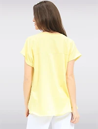 Linen-Cotton Cap Sleeve Loose Top with Heart & Foil Flower Print by Froccella