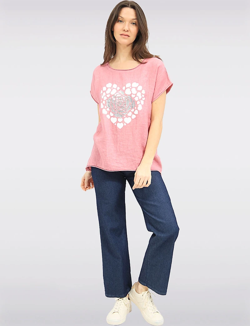 Linen-Cotton Cap Sleeve Loose Top with Heart & Foil Flower Print by Froccella