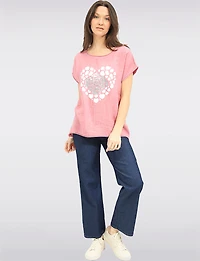 Linen-Cotton Cap Sleeve Loose Top with Heart & Foil Flower Print by Froccella