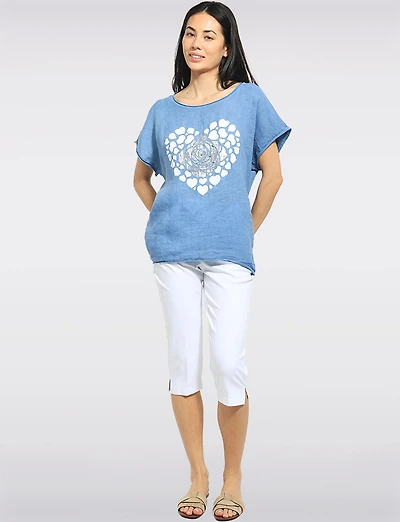 Linen-Cotton Cap Sleeve Loose Top with Heart & Foil Flower Print by Froccella