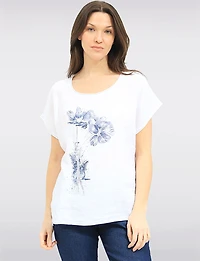 High-Low Linen Blend Short Sleeve Foil Flower & Rhinestone Top by Froccella