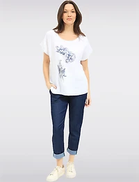 High-Low Linen Blend Short Sleeve Foil Flower & Rhinestone Top by Froccella