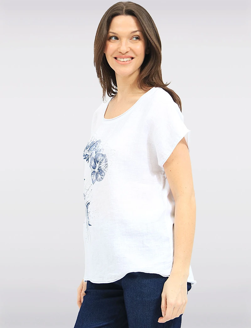 High-Low Linen Blend Short Sleeve Foil Flower & Rhinestone Top by Froccella