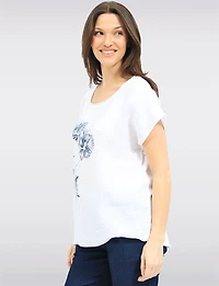 High-Low Linen Blend Short Sleeve Foil Flower & Rhinestone Top by Froccella
