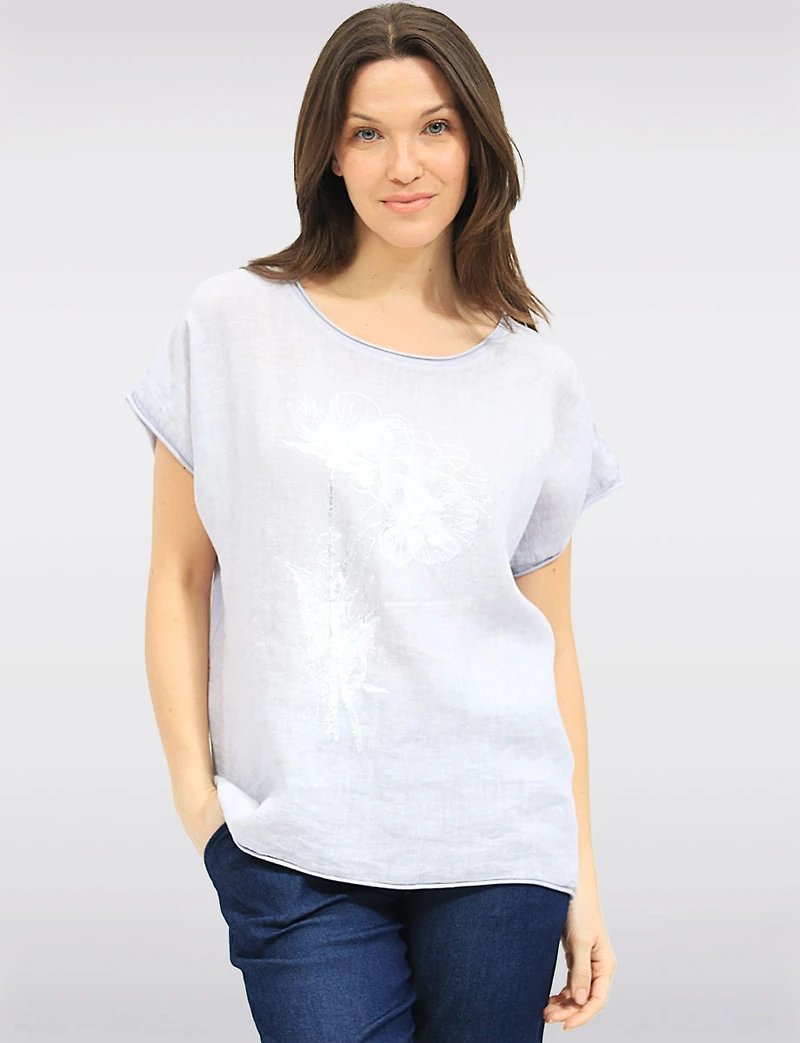 High-Low Linen Blend Short Sleeve Foil Flower & Rhinestone Top by Froccella