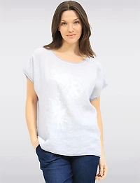 High-Low Linen Blend Short Sleeve Foil Flower & Rhinestone Top by Froccella